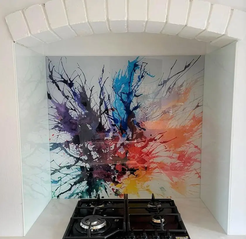 Printed glass kitchen backsplash in a custom alcove