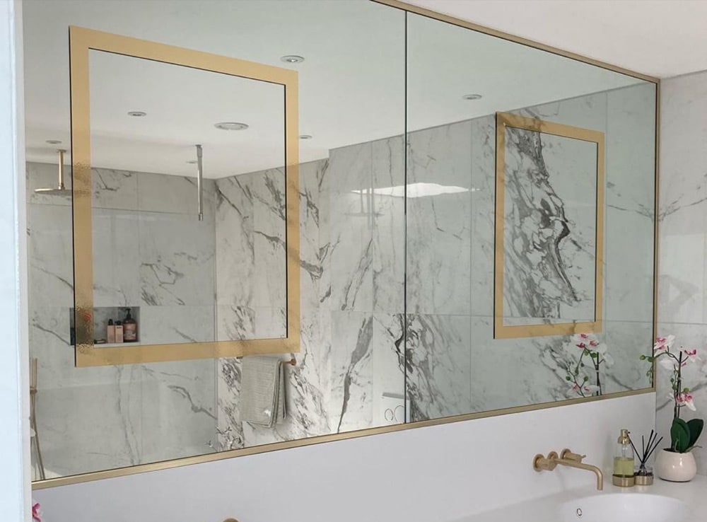 Bathroom custom mirrors with inner and outer gold frames